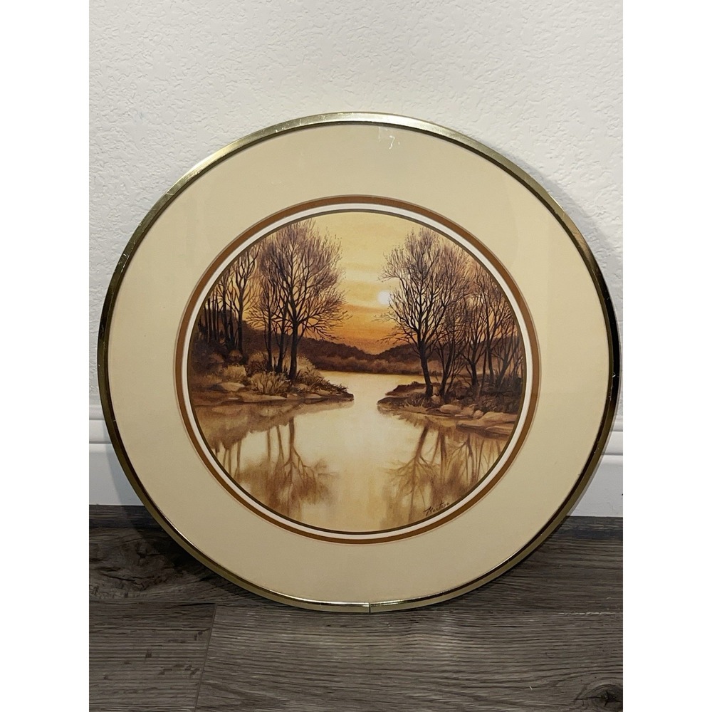 Vintage Windsor Art "Contour Trees 3" Gold‎ Roundf Framed Art Signed By Artist